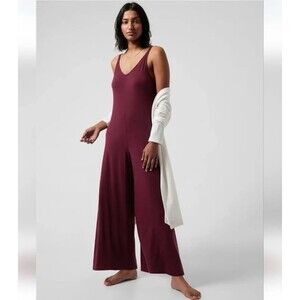 Athleta Nighttime Bliss V Neck Romper Burgundy Wide Leg Jumpsuit Lounge Size S